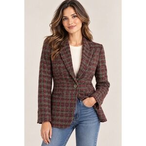 Vintage 90s Guess Collection Wool Plaid Blazer Women 6 Made USA Tweed Jacket